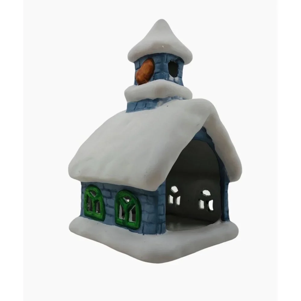 Colonial Candle Holder Winter Blue Ceramic Building Snow Tea Light Votive Holder - Picture 6 of 10